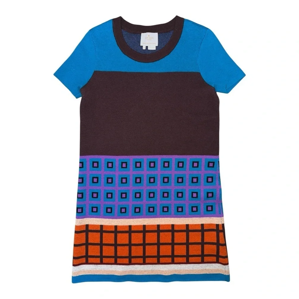 Kate Spade Blue and Black Short Sleeve Dress with Geometric Patterns
